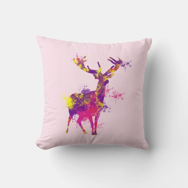 Artistic Paint Splatter Stag Deer Cushion (Front)