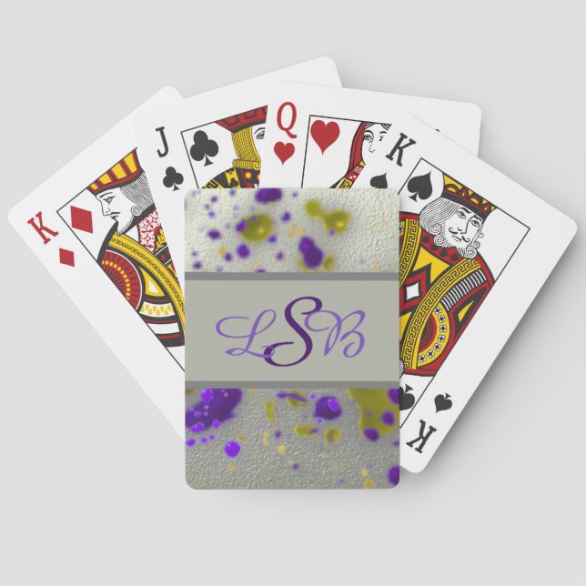 Artistic Paint Splatters Purple Yellow Monogram Playing Cards (Back)