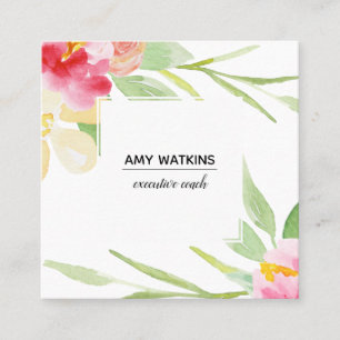 Artistic Painted Watercolor Flowers White on White Square Business Card