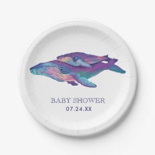Artistic Painted Whale with Calf Baby Shower Paper Plate