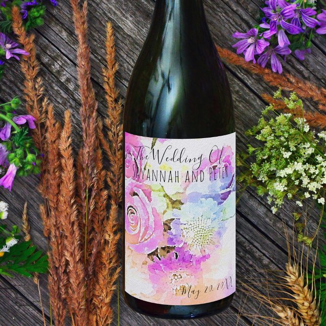 Artistic Pastel Watercolor Floral Spring Bouquet Wine Label (Creator Uploaded)
