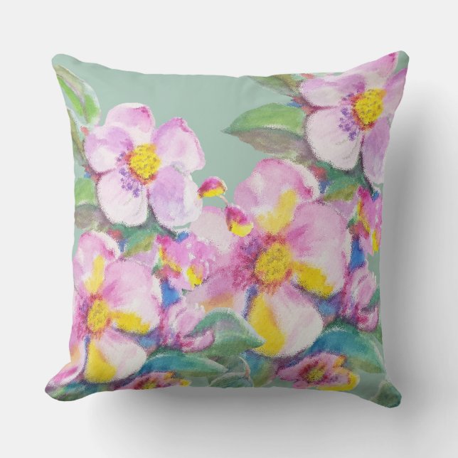 Artistic Peach Flowers Watercolor Personalised Cushion (Front)