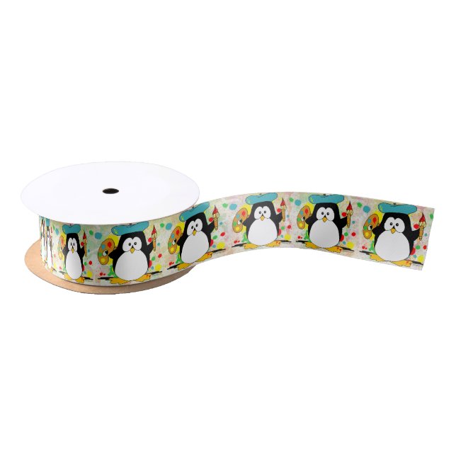 Artistic Penguin Painter Pattern Satin Ribbon (Spool)