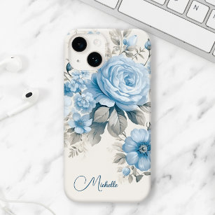 Artistic Personalised Light Pastel Blue Roses Case-Mate iPhone 14 Case
