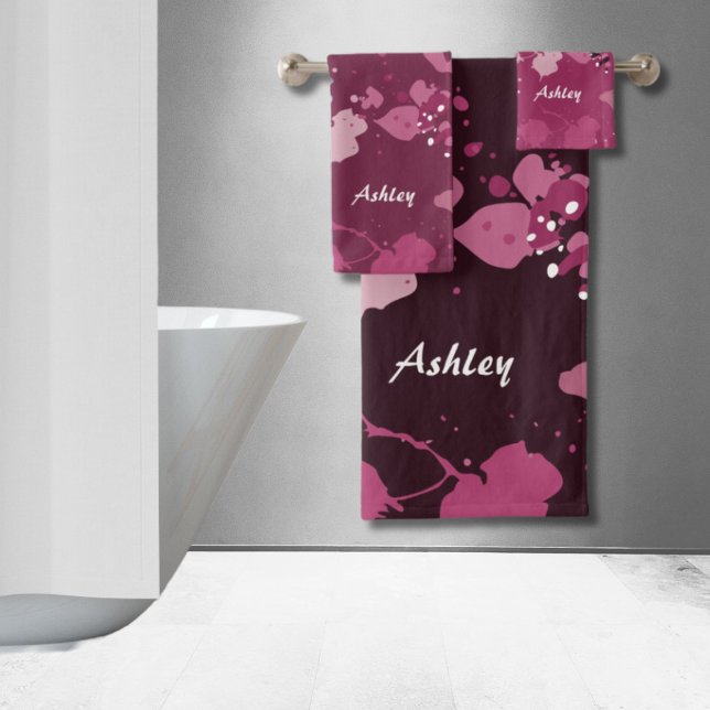 Artistic Pink Paint Splatter Name  Bath Towel Set (Artistic Pink Paint Splatter Name Bath Towel Set)