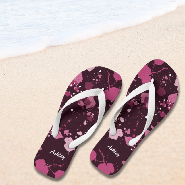 Artistic Pink Paint Splatter Name  Thongs (Artistic Pink Paint Splatter Name Flip Flops)