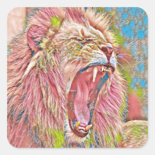 Artistic pink roaring lion square sticker