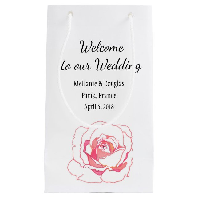 Artistic Pink Rose Calligraphy Wedding Welcome Small Gift Bag (Front)