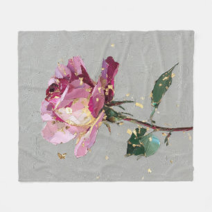 Artistic Pink Rose & Gold Leaf Fleece Blanket