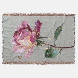 Artistic Pink Rose & Gold Leaf Throw Blanket