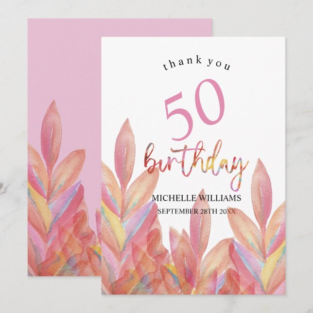 Artistic Pink Tropical Party Watercolor Thank You Card (Front/Back)
