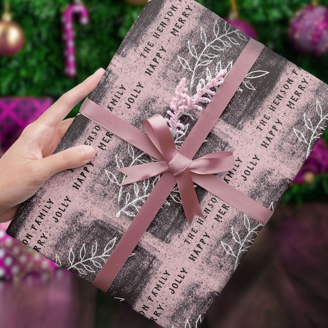 Artistic Pink White Twig Family Christmas Wrapping Paper (Creator Uploaded)