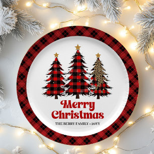 Artistic Plaid Christmas Tree Custom Name Paper   Plate