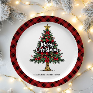 Artistic Plaid Tree Holiday Custom Name Paper Plat Plate