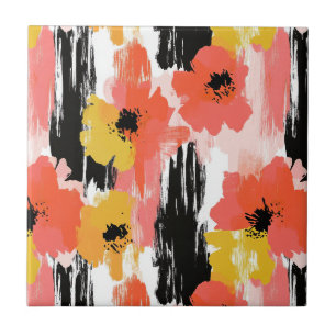 Artistic Poppy in Coral Mustard and Pink Ceramic Tile