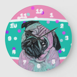 Artistic Pug Dog in pink and green turquoise Large Clock