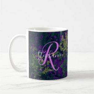 Artistic Purple Dark Moody Floral Pink Monogram Coffee Mug