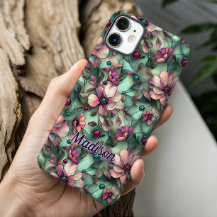 Artistic Purple Mint Stained Glass Floral Pattern iPhone 16 Case