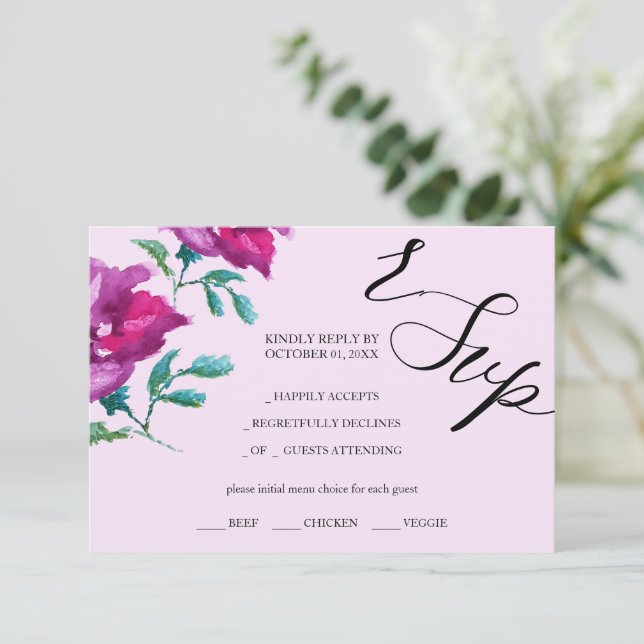 Artistic Purple Rose Watercolor Hand-painted RSVP Card (Standing Front)