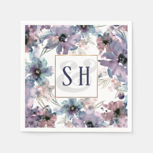 Artistic Purple Watercolor Flowers, Monogram Napkin