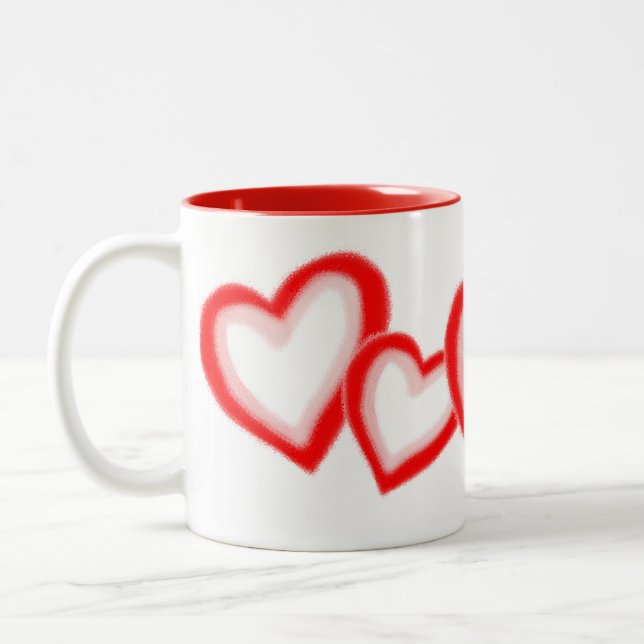 Artistic Red Pink Hearts Pattern on White Two-Tone Coffee Mug (Left)