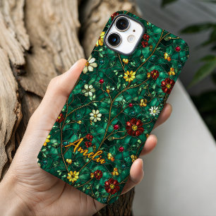 Artistic Red Turquoise Stained Glass Flowers iPhone 16 Case