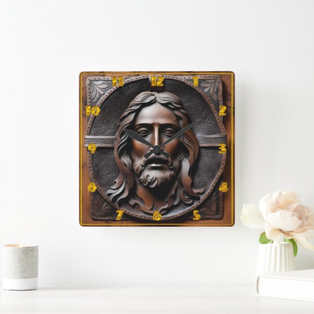 Artistic Relief of Jesus in Brown Tones Square Wall Clock (Home)