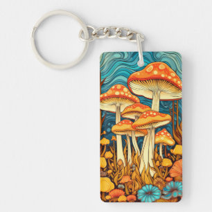 Artistic Retro Mushroom Forest Illustration Key Ring