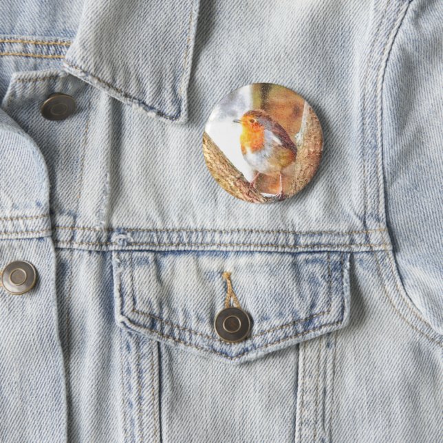 Artistic Robin Redbreast Perched  6 Cm Round Badge (In Situ)