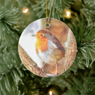 Artistic Robin Redbreast Perched  Ceramic Ornament