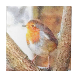 Artistic Robin Redbreast Perched Ceramic Tile