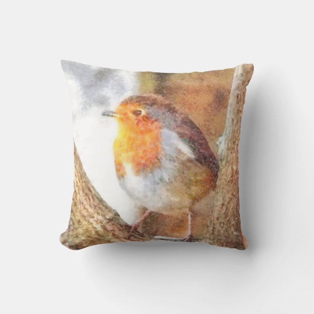 Artistic Robin Redbreast Perched  Cushion (Front)