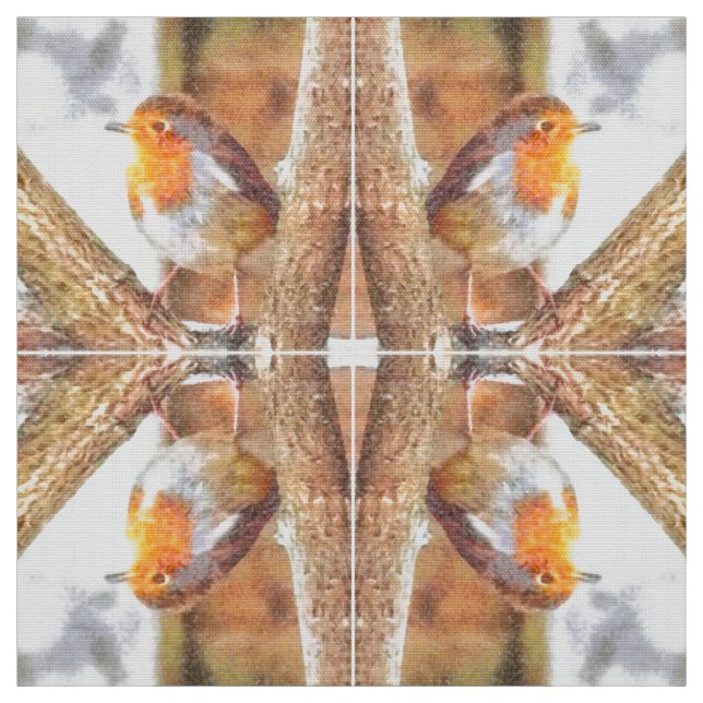 Artistic Robin Redbreast Perched  Fabric (Swatch)