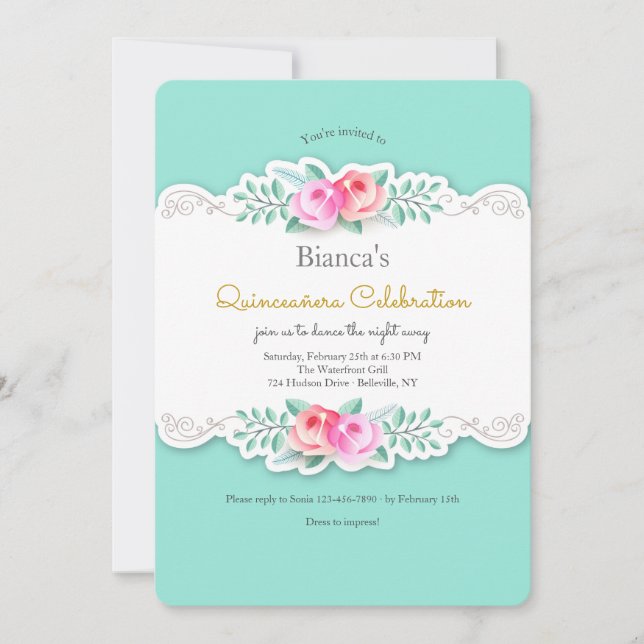 Artistic Roses Quinceañera Invitation (Front)