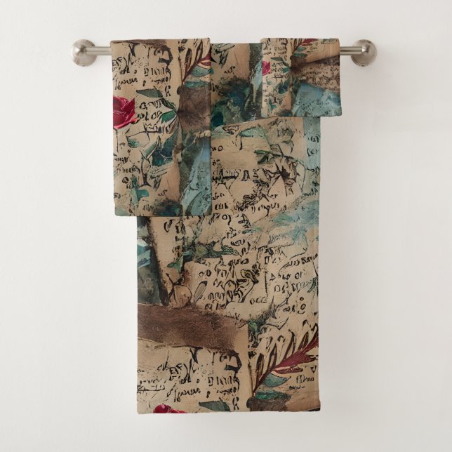 Artistic rustic old papers Red rose pattern Bath Towel Set (Insitu)