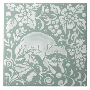 Artistic Sage Green Raccoon Forest Woodland Animal Ceramic Tile