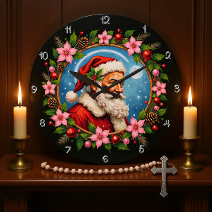 Artistic Santa Claus Christmas Wreath Large Clock