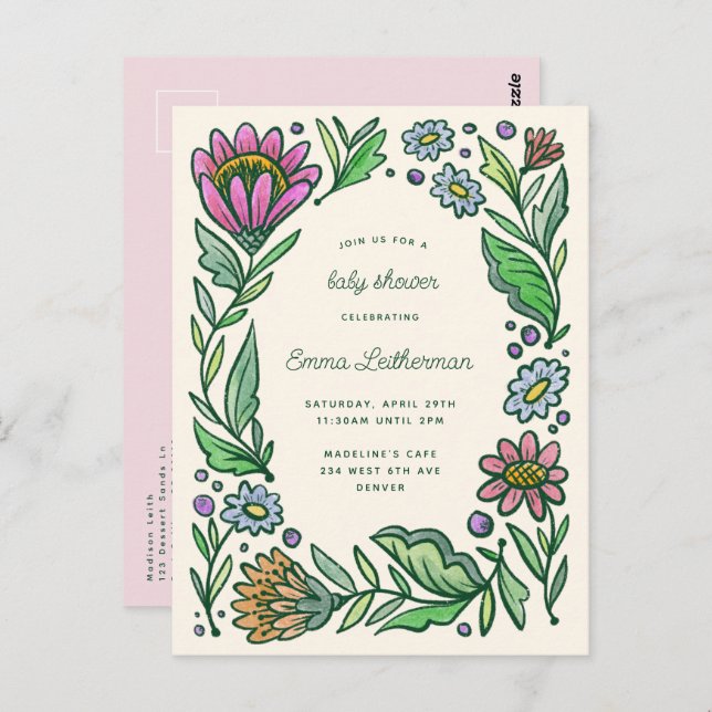 Artistic Scandinavian Folk Floral Baby Shower Postcard (Front/Back)