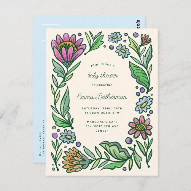Artistic Scandinavian Folk Floral Boy Baby Shower Postcard (Front/Back)