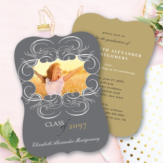 Artistic Scrolls Frame Photo Chic Graduation Party Invitation (Creator Uploaded)