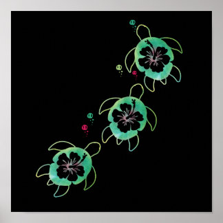Artistic Sea Turtle Hibiscus Flower Stylish Cute Poster