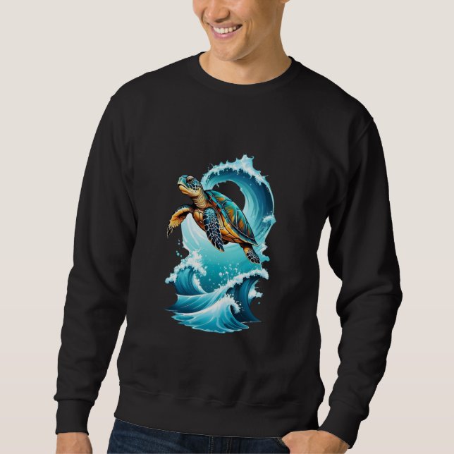 Artistic Sea Turtle Swimming Through Waves T-Shirt Sweatshirt (Front)