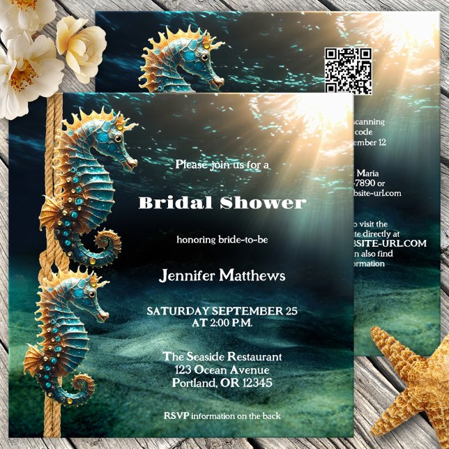 Artistic Seahorses Ocean Bridal Shower Invitation (Bridal shower invitation featuring seahorses ready to tie the knot - ocean - sea - seaside - QR code)