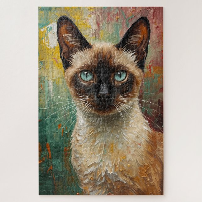 Artistic Siamese Cat Portrait Vibrant Oil Painting Jigsaw Puzzle (Vertical)