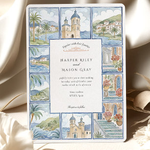Artistic Sitges Spain Tile Watercolor Wedding Invitation
