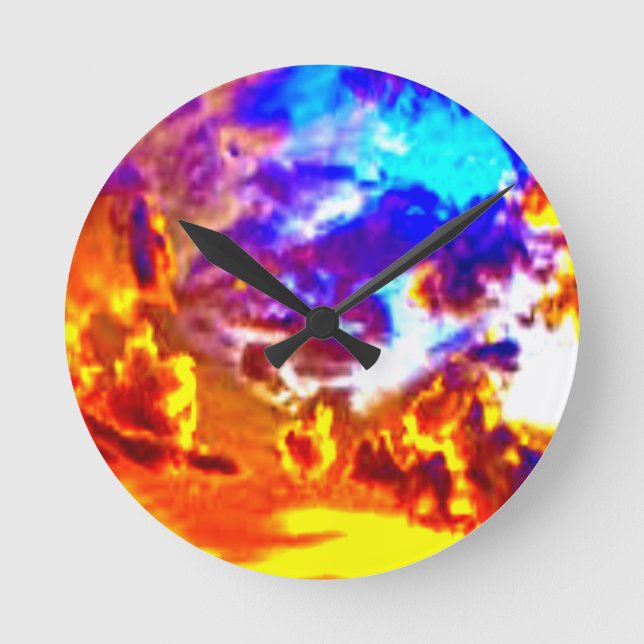 Artistic Sky Blue, Orange, and Yellow Round Clock (Front)