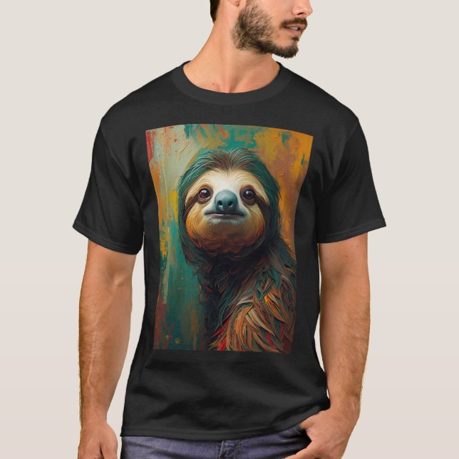 Artistic Sloth Portrait Vibrant Oil Painting T-Shirt (Front)