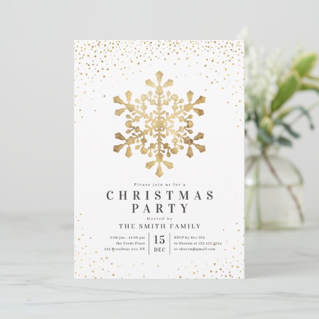 Artistic snowflake faux gold Christmas Party Invitation (Standing Front)