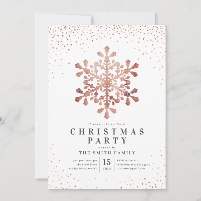 Artistic snowflake faux rose gold Christmas Party Invitation (Front)