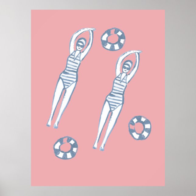 Artistic Snychro Swimmers Blue Illustration Pink Poster (Front)